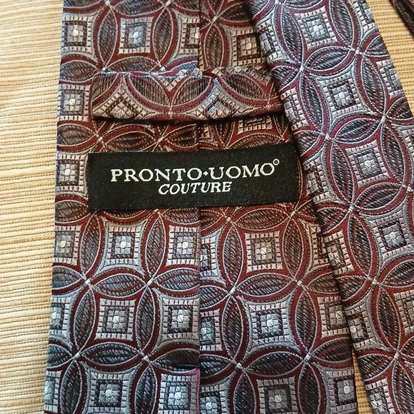 PRONTO• UOMO Couture Geometric Patterned Tie - Burgundy/Blue/Grey - Picture 2 of 6